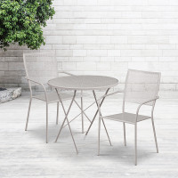 Flash Furniture CO-30RDF-02CHR2-SIL-GG 30" Round Steel Folding Patio Table Set with 2 Square Back Chairs in Gray